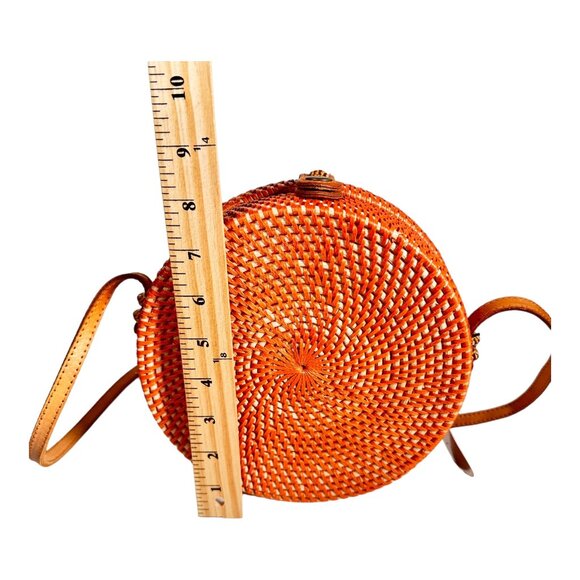 Rattan Orange Round Crossbody Bag Circle Leather Shoulder Strap Boho - Picture 5 of 8